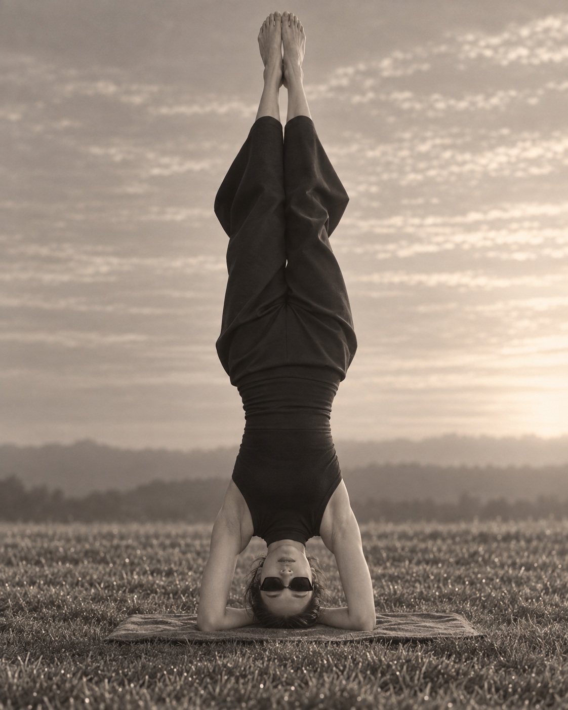 Model in black activewear holding a headstand outdoors above a wooded landscape.