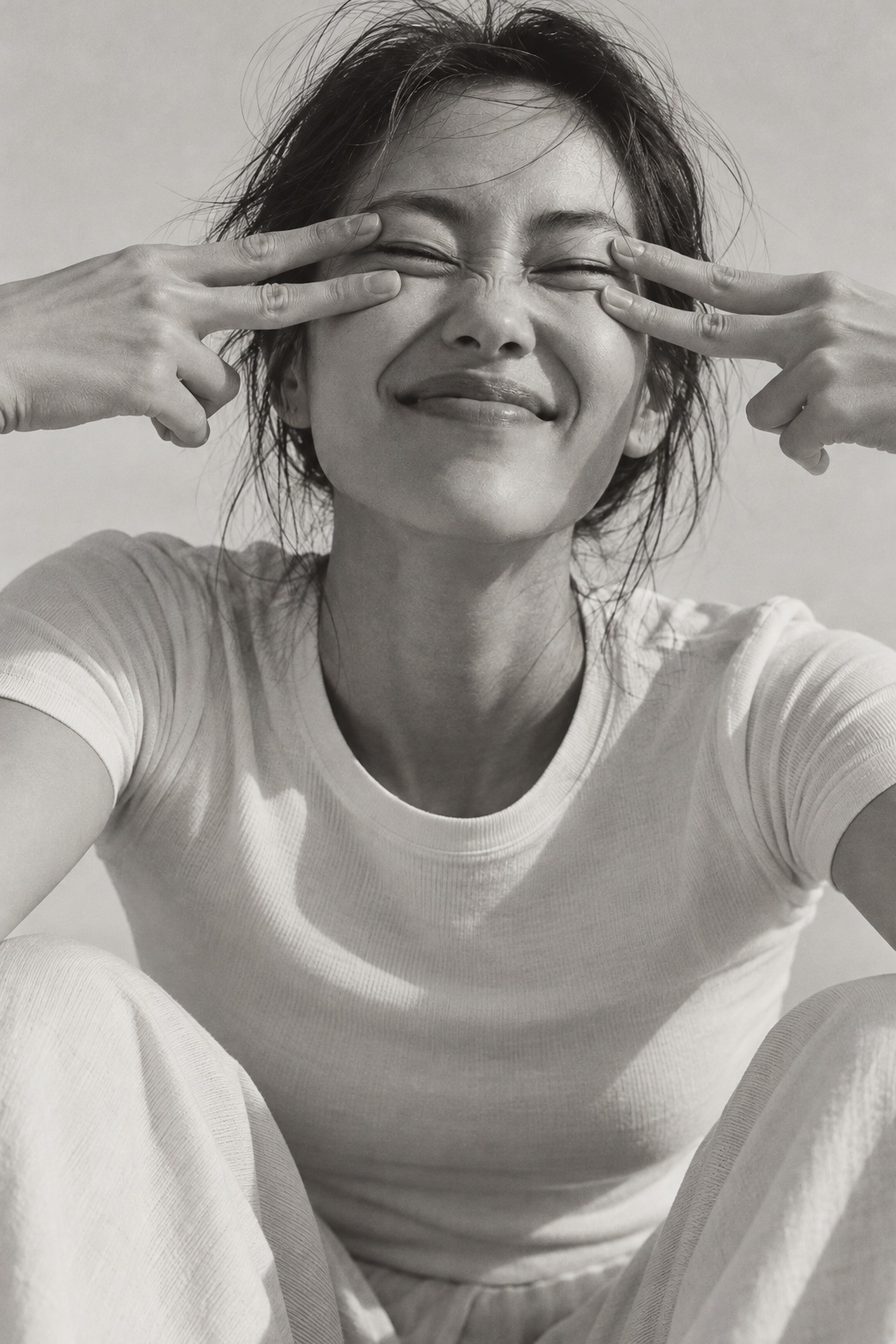 Model in an ivory ribbed tee smiling with her eyes closed and making two peace signs.