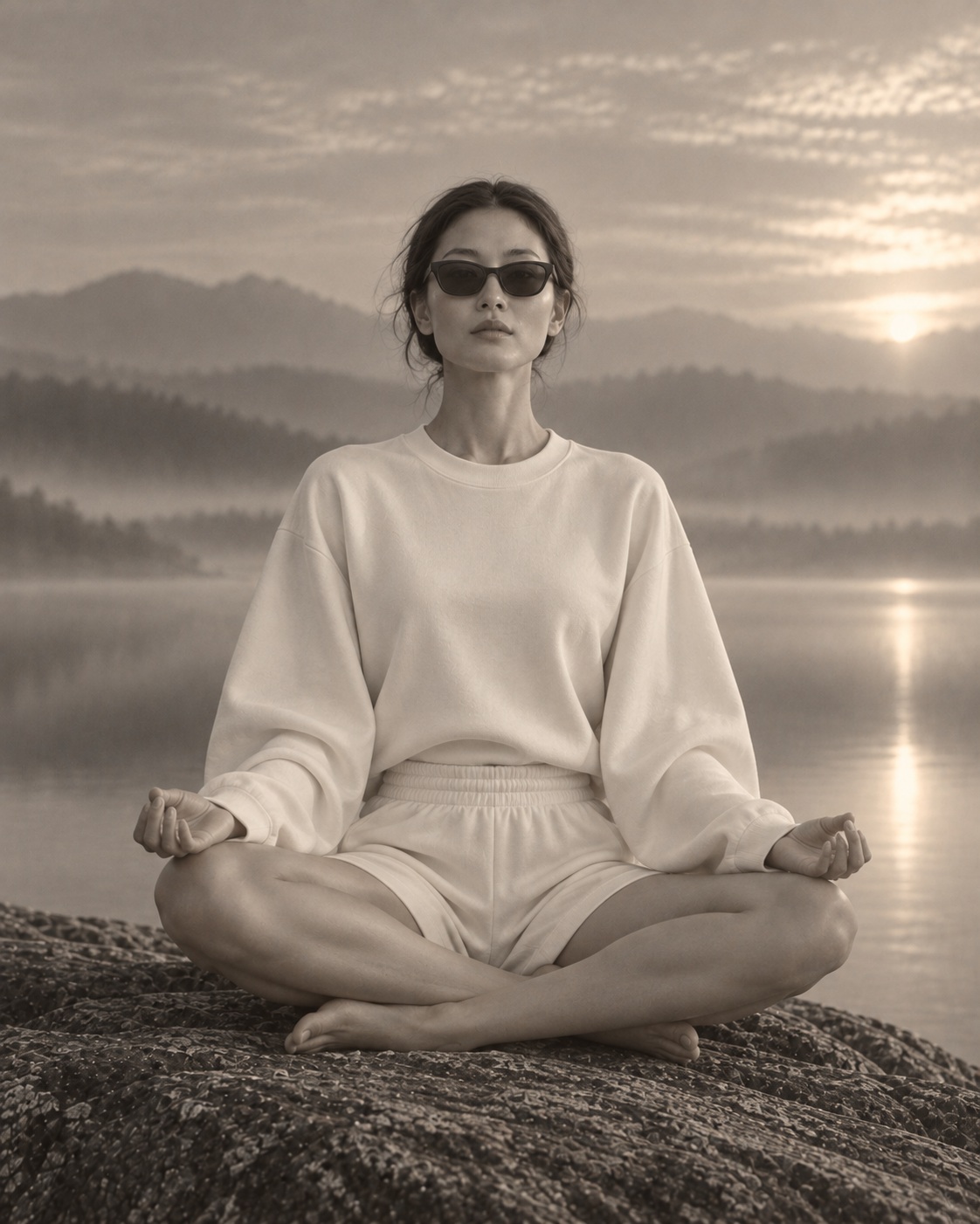 Model in an ivory long-sleeved top and shorts sitting cross-legged beside a misty lake.